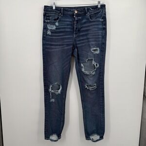 American Eagle Jeans Womens 14 X-Long  Blue Tomgirl High Rise Distressed Stretch